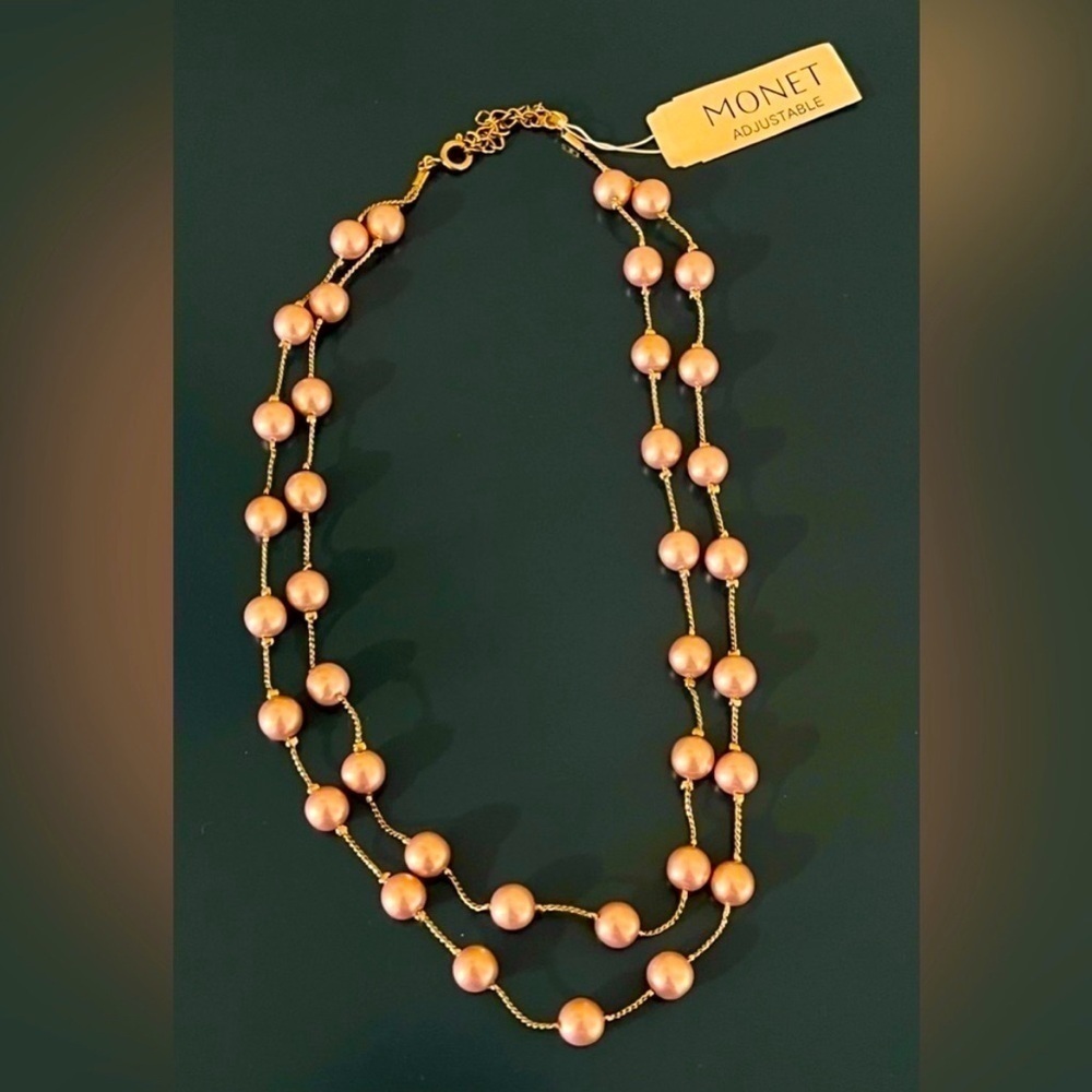 MONET Adjustable Gold-Tone Double Strand Pink Pearl Necklace NWT